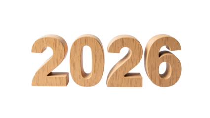Wooden numbers 2026 displayed in modern style, symbolizing upcoming year with natural aesthetic