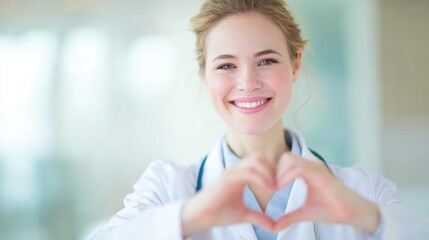 Smiling doctor makes heart shape with hands in clinic setting