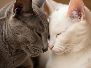 深い信頼と愛情で結ばれたグレーと白の猫のカップル