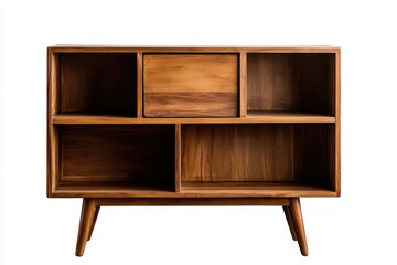 Mid century modern wooden bookshelf with open shelves and drawer, featuring warm natural wood finish and tapered legs, perfect for stylish storage and display in living spaces
