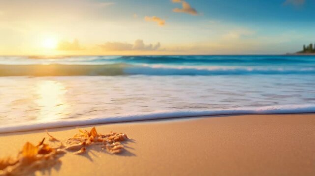 Beautiful sunset on the beach with gentle waves and shells on the sand
