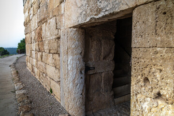 Entrance to the Crusader era fortress remains at Sepphoris Zippori National Park in Galilee Israel, close view of a stone doorway and ashlar walls, archaeology and cultural heritage site
