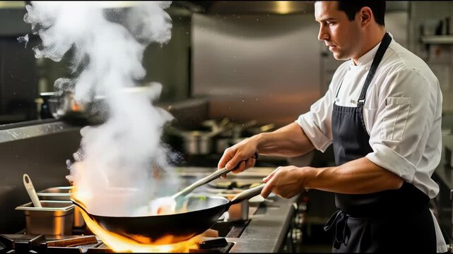 Chef tossing colorful vegetables in a flaming pan creating smoke