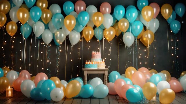 Colorful balloon and cake setup for a birthday celebration in a decorated room with warm lighting