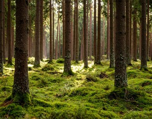Fototapeta premium A dense, sunlit woodland scene filled with tall, slender trees and a vibrant, moss-covered forest floor. Sunlight filters through the canopy