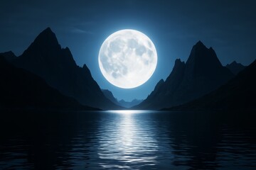 Majestic moonlit mountain landscape with glowing full moon over calm water, creating a surreal night background concept with soft light. Ai generative