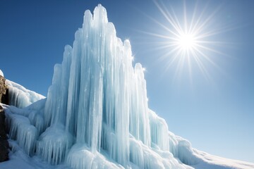 Towering frozen ice formation under bright sun on clear blue sky winter landscape background, capturing natural light and abstract icy beauty. Ai generative