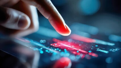Close-up of a hand interacting with a futuristic digital interface displaying colorful data and analytics - Powered by Adobe