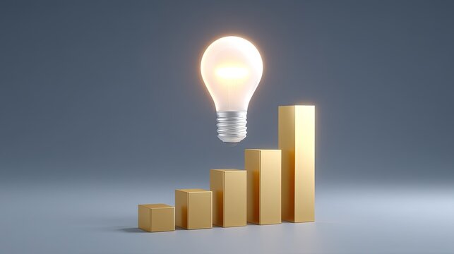 Creative concept of a floating light bulb above rising golden bar graphs, symbolizing innovation, growth, and success in business and finance sector. - Powered by Adobe