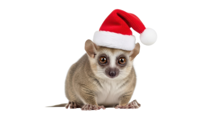 Cute Mouse Lemur Wearing Red Santa Hat for Christmas Holiday isolated PNG with Transparent Background