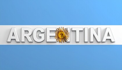 Three-dimensional "ARGENTINA" text with flag colors and Sun of May on reflective surface.