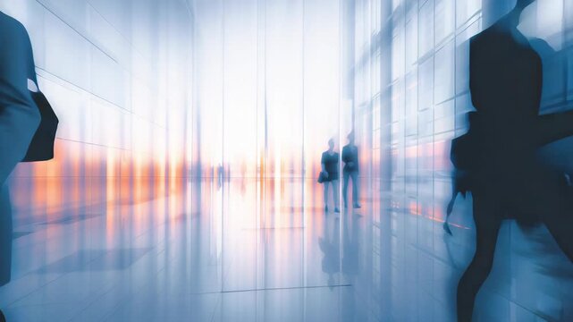 Business commuters moving quickly contemporary, bright, high tech corridor, motion blur corporate ambition, progress, and fast paced urban environment big city constant motion abundant opportunities