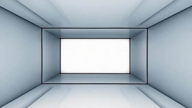 Bright, modern interior view of an empty room with a glowing frame and sleek walls