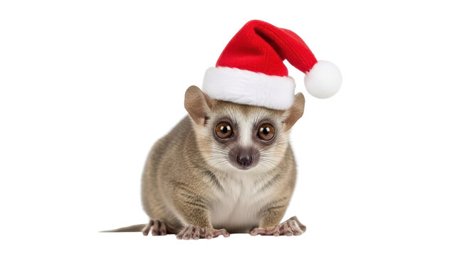 Cute Mouse Lemur Wearing Red Santa Hat for Christmas Holiday isolated PNG with Transparent Background