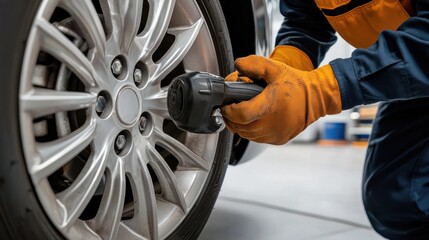 A mechanic is using a digital tool to check the tire pressure of a vehicle in a service area while it is daylight