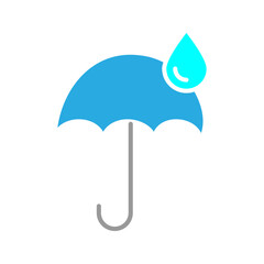 Umbrella with Water Drop Icon Simple black umbrella icon with a large water drop symbol, representing rain protection, waterproof features, climate safety, or weather insurance.