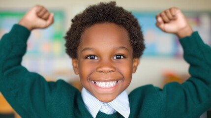 Child smiles and celebrates success in classroom during school hours