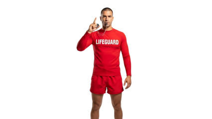 A lifeguard holding a whistle is on alert. Dressed in red lifeguard attire, he signals with his index finger up, a testament to his vigilance and readiness.