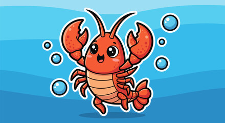 Adorable cartoon lobster with big eyes and claws swimming in the ocean water.