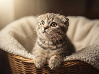 バスケットの中に入って上を見上げるスコティッシュフォールドの子猫