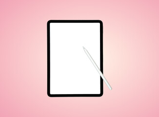 A tablet lies on a pink surface with a stylus placed beside it. The screen is empty, ready for anyone to create notes or artwork. This setup is suitable for digital tasks or learning.