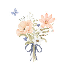 Bouquet of delicate wildflowers with blue bow and flying butterfly, watercolor isolated illustration, drawing rustic provence for invitation or greeting cards, poster or floral print.