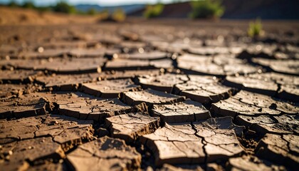 Obraz premium A detailed close-up showcases cracked earth, displaying arid conditions. The parched terrain is deeply fissured, revealing a dehydrated landscape. Brown soil dominates the frame