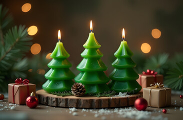 Three Christmas tree candles with gifts on festive table