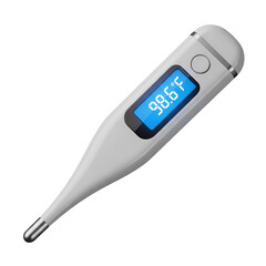 Close-up of a modern digital medical thermometer displaying 98.6 degrees Fahrenheit on a blue screen. 3d icon transparent background
