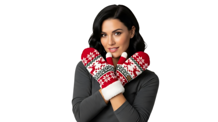 Smiling woman in cozy winter mittens embracing winter fashion, feeling warm, and cheerful. The winter season is upon her, making her joyful and happy. 