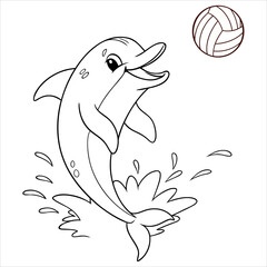 Cute cartoon vector illustration of a happy dolphin playing with a ball in the ocean for a coloring book or tattoo design