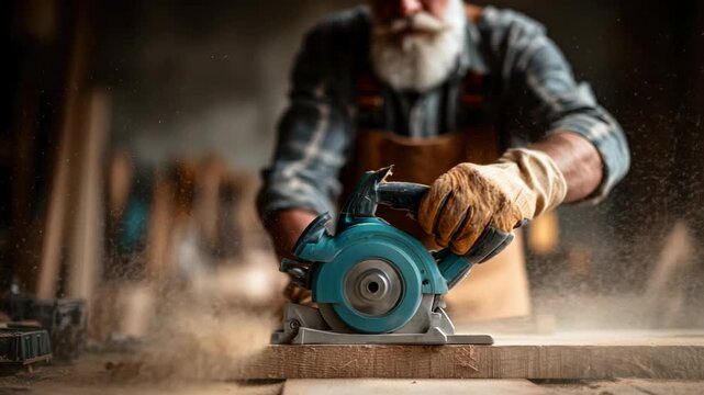 Crafting wood projects in a workshop using a circular saw and woodworking tools with expert skills