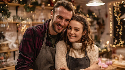 Romantic Couple Baking Together in Cozy Christmas Bakery