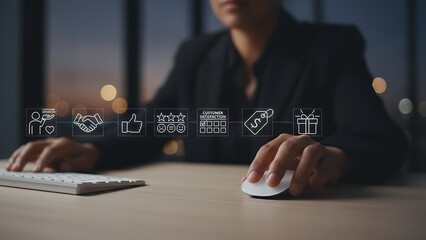  Navigating Digital Futures: A professional hand steers a computer mouse, interacting with a futuristic interface of digital icons, signaling the evolving landscape of innovation and connectivity.