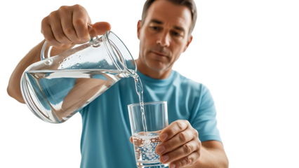 Man pouring fresh water from a glass jug into a glass. The image highlights hydration and refreshment