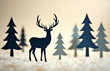 Deer silhouette in a snowy forest scene with stylized trees and soft background