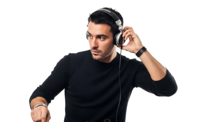 A focused person wearing headphones while working. The person is listening carefully to music and has a focused expression