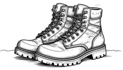 A detailed line drawing features a pair of sturdy work boots, laces neatly tied, and the soles offering rugged texture. The style evokes practicality