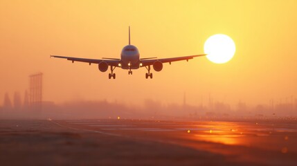 Fototapeta premium Airplane landing at sunset on a busy runway with city skyline in background