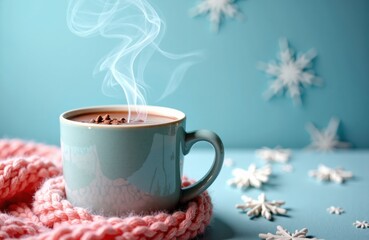 Mug of hot cocoa releases steam beside pink knit scarf against blue backdrop