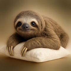 Fototapeta premium Cute sloth resting on soft white pillow with big eyes and long claws, cozy and calm animal in warm brown tones