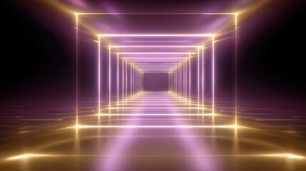 Fototapeta premium Futuristic Abstract Corridor with Neon Lights Creating a Hypnotic Illusion of Depth and Space in Vibrant Shades of Purple and Gold