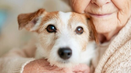 Senior woman holds her dog close while sharing a moment at home