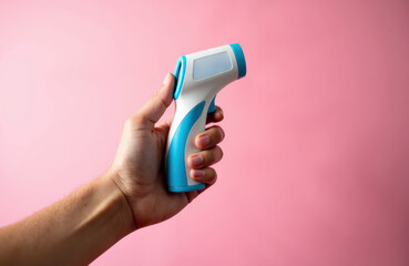 Hand holding a blue and white infrared thermometer against a soft pink background