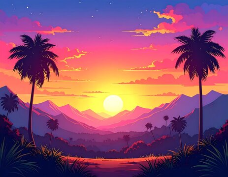 Bright sunset over mountains flanked by palms. Colorful vector illustration with pink and orange hues over purple landscape