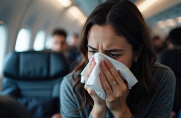 Woman blowing nose into tissue while seated on crowded airplane during flight