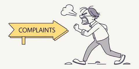  Angry Customer Walking Towards Complaints Department Sign