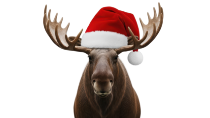 Funny Moose Wearing Red Santa Hat for Christmas Holiday Celebration isolated PNG with Transparent Background