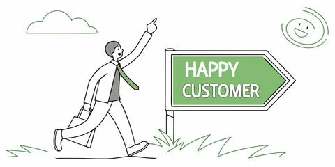 Happy Customer Walking Towards Success and Satisfaction Direction