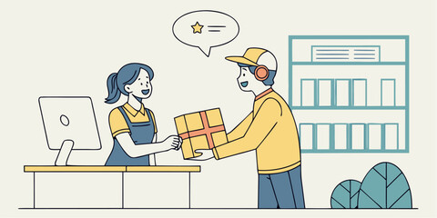 Courier Delivering Package to Office Receptionist with Feedback